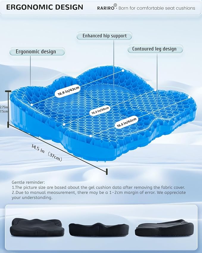 Gel Seat Cushion for Long Sitting(Enlarged & Thickened), Cooling Pressure Relief Seat Cushion for Wheelchair, Driving, Kayak, Office Desk Chair Seat Pad Gel for Heavy People[Blue-2.75" Thick]