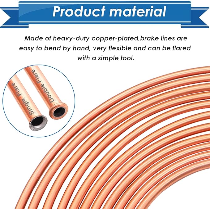 1/4Inch x 25 ft Brake Line Tubing Kit Flexible Copper Coated Alloy Brake Line Tubing Coil with 16 Inverted Flare Fittings SAE Standard