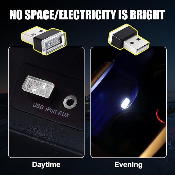 Ziciner 4 PCS USB LED Car Interior Atmosphere Lamp, Portable Mini LED Night Light, Plug-in USB Interface Trunk Ambient Lighting Kit, Universal Car Interior Accessories (White, Red)