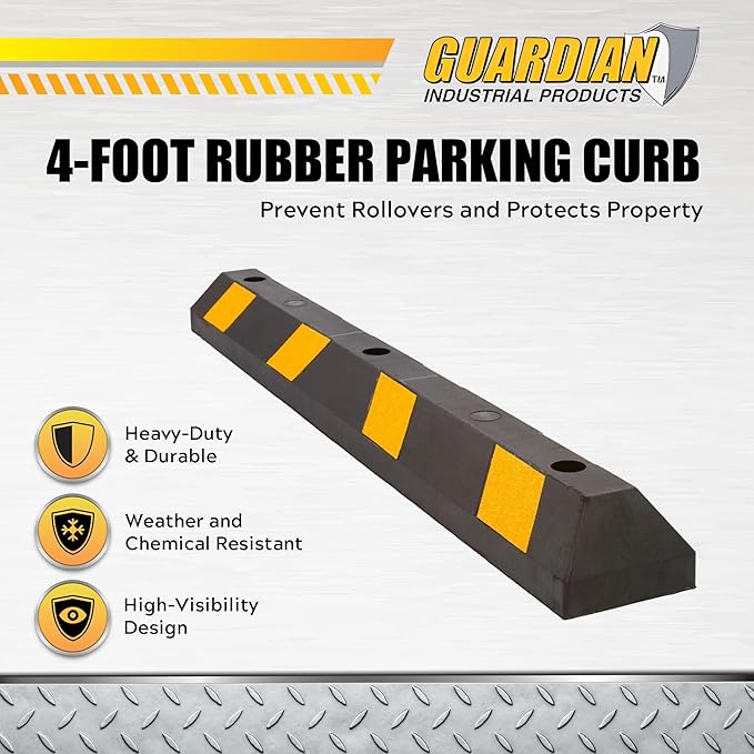 Guardian 4 Pack Parking Stop, 4 Foot Long Flexible Rubber Curb, Highly Visible Accessory with Mounting Holes for Job Sites and Garages, Black/Yellow