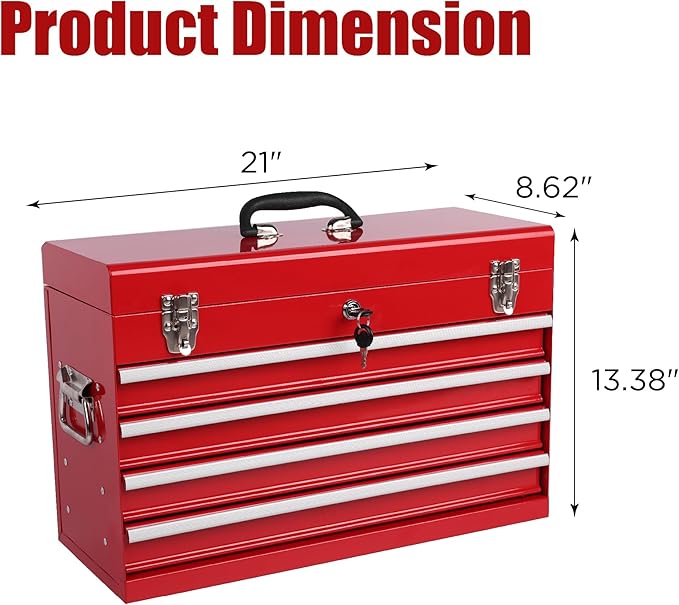 21" Portable 4 Drawer Steel Toolbox, 5 Layers of Tools with Metal Latches, with Top Storage Tray and Carrying Handle, Multi-Function Tool Chest for Garage, Home,or Workbench（red）