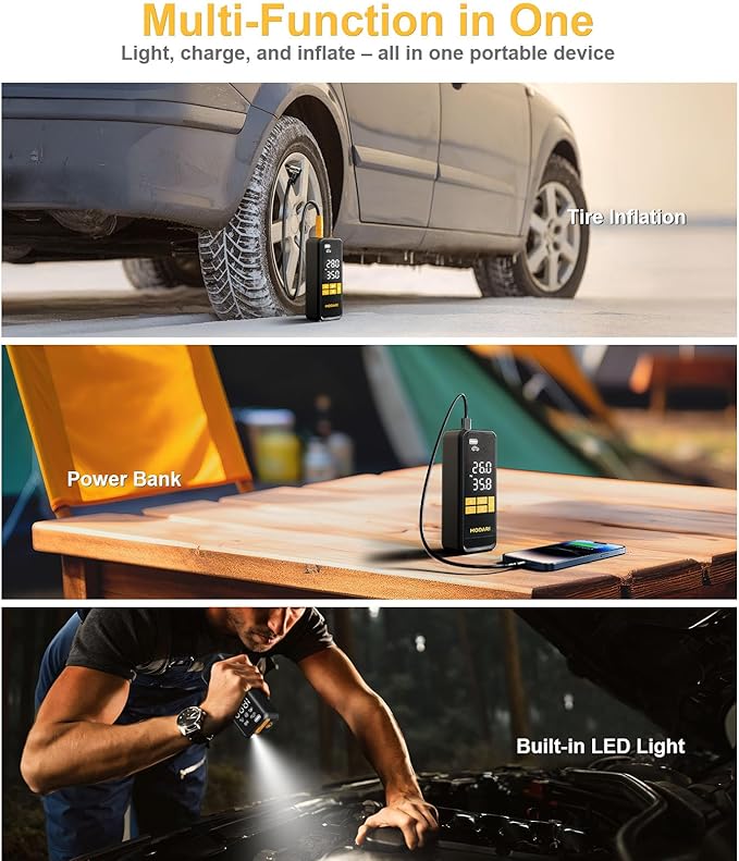 Tire Inflator Portable Air Compressor - 4X Faster 160 PSI Portable Air Pump for Cars - Cordless Tire Inflators with Gauge - Portable Tire Inflator for Car, Pickup, Bike and More (Yellow Black)