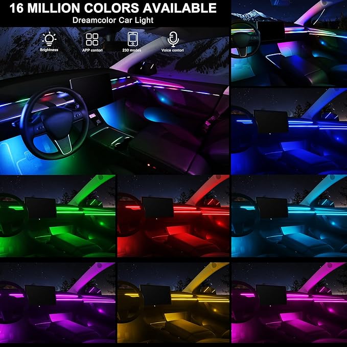 Dreamcolor Acrylic Interior Car LED Strip Light with Wireless APP, RGB 18 in 1 with 175 inches 593 LEDs Fiber Optic Strip Lights for Car, Dynamic Chasing Music Sync Neon Car Ambient Lighting Kits