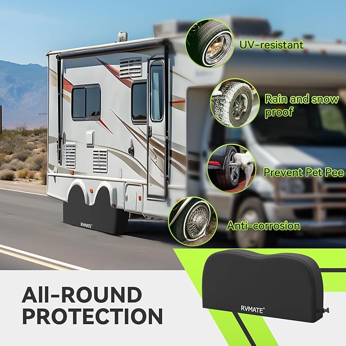 RVMATE RV Tire Covers - Dual Axle Wheel Cover (2 Pack) Fits 30"-33" Diameter Tires, Waterproof Anti-UV 420D Oxford Black Dual Tire Covers for RV/Truck/Trailer