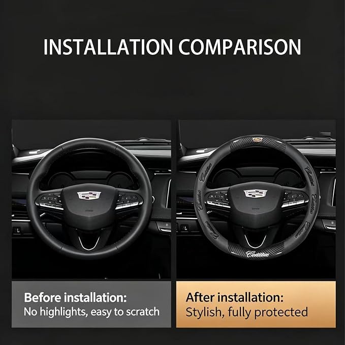 fir for Cadillac Steering Wheel Cover, Carbon Fiber Texture Nappa Leather,Custom Embossed Logo, Round Shape,Car Steering Wheel Protector Compatible with Cadillac Escalade XT4 XT5 XT6 Accessories