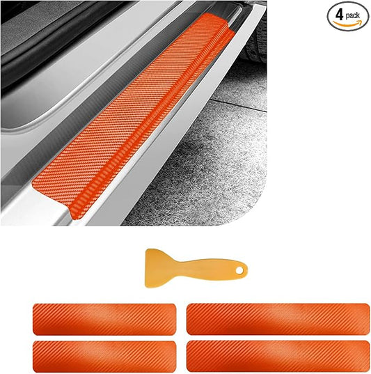Dickno 4 PCS Car Door Sill Protector, 3D Carbon Fiber Auto Door Entry Edge Guard Protection Trim, Anti-Scratch Threshold Cover Strips, Sill Protection Sticker for Car SUV Truck (Orange)