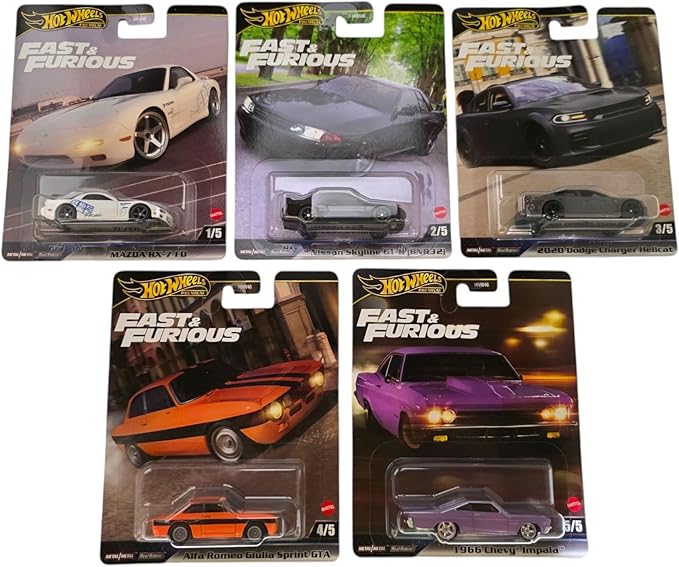 Hot Wheels Fast & Furious Die-Cast Cars Collection, 5-Pack Set, Mazda RX-7, Nissan Skyline, Dodge Charger, Alfa Romeo, Plymouth HNW-956K