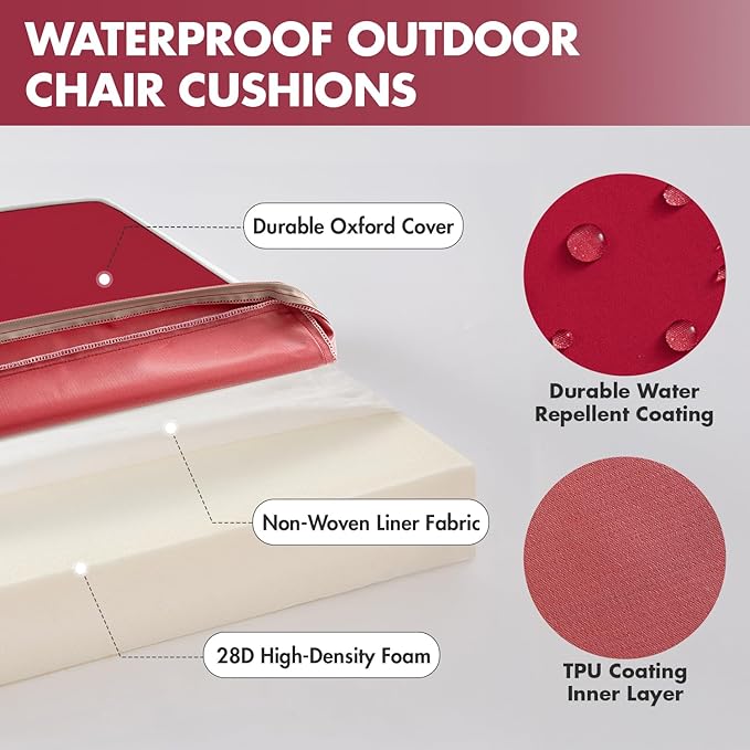 MIULEE Red 19 x 19 x 3 Outdoor Chair Cushions Waterproof Patio Chair Cushions with Adjustable Straps Set of 2 for Patio Furniture 3-Year Color Fastness Garden Sofa Couch