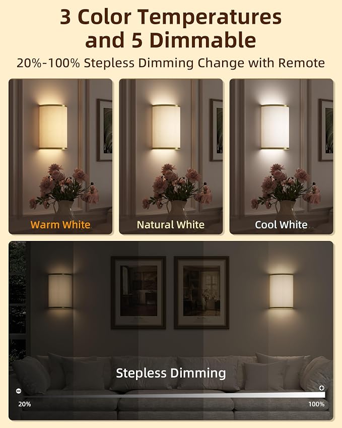 EZVALO Battery Operated Wall Sconce, Wireless Wall Sconces Set of Two with Remote, 3 Color & 80 RGB Rechargeable Wall Lights, Dimmable, Timer, Fabric Linen Shade Wall Decor for Bedroom (White)