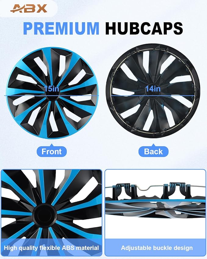ABX Hubcaps,15 inch hubcaps Set of 4, Wheel Rim Cover ABS Material, Snap On Car Truck SUV Replacement, for Toyota Camry Nissan Mazda etc, Black & Blue