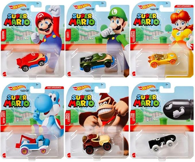 Hot Wheels Super Mario Character Cars – Complete Bundle of 6 (GJJ23‑956G) | Includes Mario, Luigi, Princess Daisy, Blue Yoshi, Donkey Kong & Bullet Bill | 1:64 Scale Die-Cast Vehicles – Mattel Ages 3+