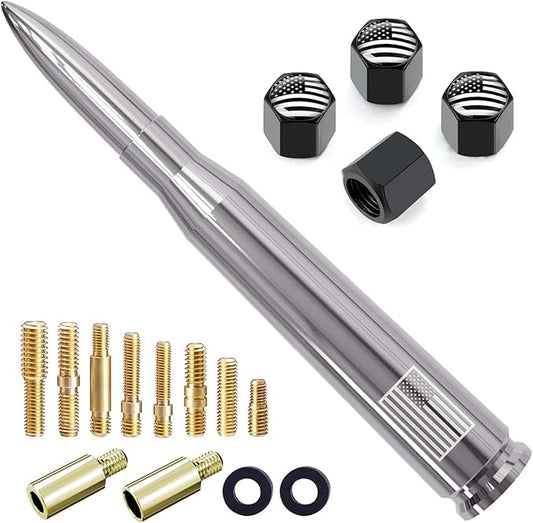 Car Truck Antenna with Tire Valve Caps American Flag Short Replacement for GMC Sierra Chevy Silverado Dodge Ram 1500 2500 3500 Ford F150 F250 F350 Super Duty Raptor Accessories, Chrome
