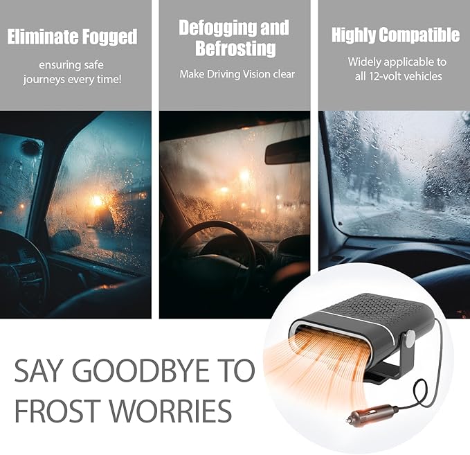 12V Portable Car Heater for Vehicle,Car Heater and Windshield Defroster and Demister Features Heating Cooling and Air Purification Functions,360° Rotating Cigarette Lighter Port Heater for Cars Black
