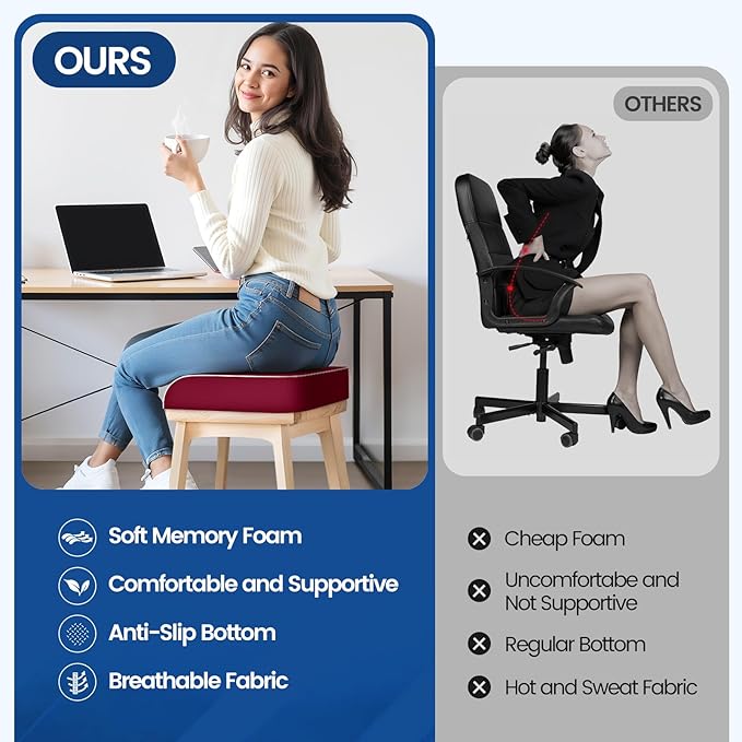 SweetSlubr Seat Cushion for Tailbone Pain Relief, Office Chair Cushion, Memory Foam Large Chair Cushion with Non-Slip Cover for Soft Support at Office Chair, Car Seat, Airplane Red/2X-Large