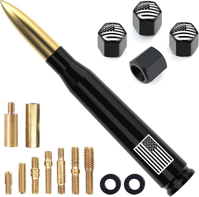 Car Truck Antenna with Tire Valve Caps American Flag Universal Short Replacement for GMC Sierra Chevy Silverado Dodge Ram 1500 2500 3500 Ford F150 F250 F350 Super Duty Raptor Accessories, Gold