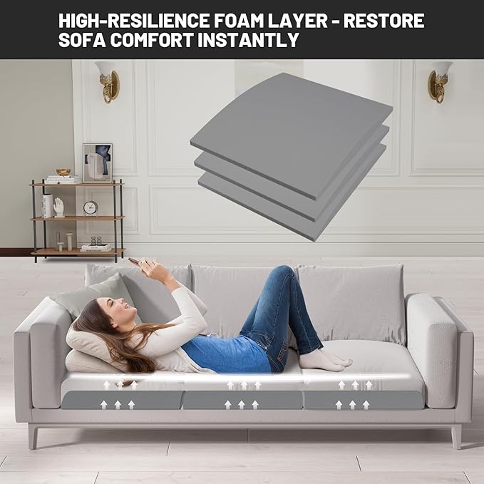 Couch Cushion Support for Sagging Seat, 22"x22"x2.4" 40D High Density Curved Foam Sofa Cushion Support, Under-Cushion Sag Repair,Grey Set of 3