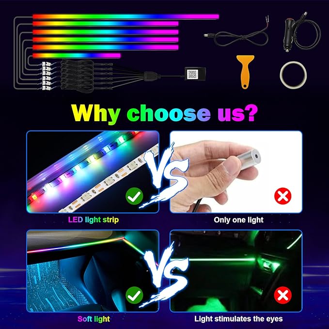 Dreamcolor 6 in 1 Car LED Strip Lights with APP Control and 213 Color Modes, Neon Ambient Lighting Kits