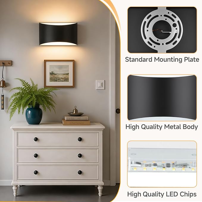 MATAMEYE Modern LED Wall Sconce Set of 2, Large Matte Black Indoor Wall Lighting Fixture with 3 Colors Temperatures, 10W Up/Down Hardwired Wall Mount Lamp for Bedroom Living Room