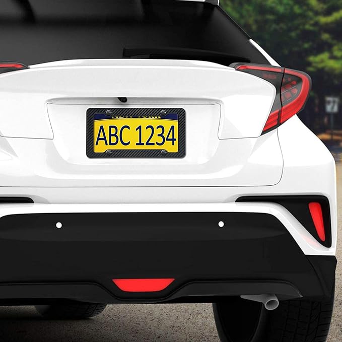 Carbon Fiber License Plate Frames- Black Carbon Pattern Plastic Front & Rear Car Tag Holder Cover 2 Pack with Mount Hardware, Screws, Caps, Handlebar Stickers