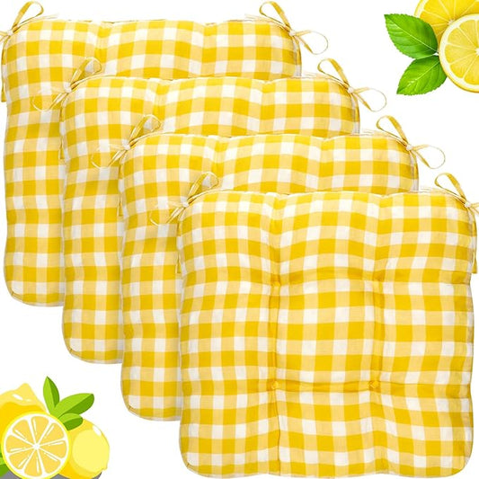 Geetery 4 Pack Chair Cushions for Dining Chairs, 16" x 15" Lemon Yellow Kitchen Chair Cushions with Ties Buffalo Plaid Soft Comfy Seat Pads for Home Office Living Room Outdoor Indoor