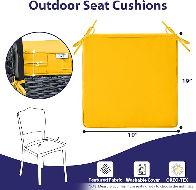 IPYNBAP Outdoor Chair Cushions Set of 4 -Waterproof Outdoor Seat Cushions for Patio Furniture, Patio Chair Cushion with Handle and Ties, Out Door Chair Pads,19x19x3-Square, Yellow