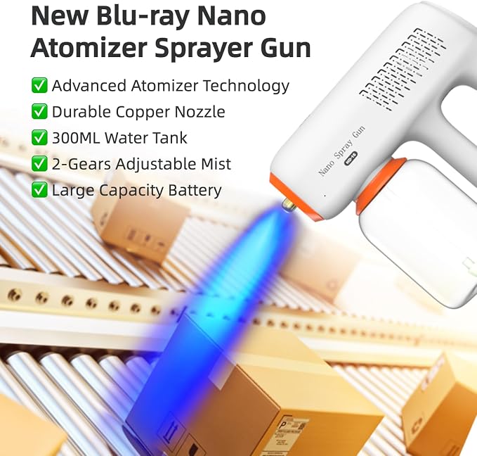 Professional Disinfectant Sprayer Fogger Machine, Nano Spray Gun with All Metal Nozzle, Cordless Handheld Steam Gun with Blue Light, Rechargeable Portable Sprayer for Car Home Hotel Plants