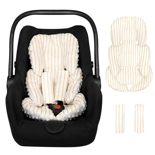 Infant Car Seat Insert, Car Seat Head Support Baby Girls Boys, Soft & Reversible Newborn Carseat Insert Cushion with 2 Strap Covers, for Stroller, Swing, Bouncer (Brown Line)