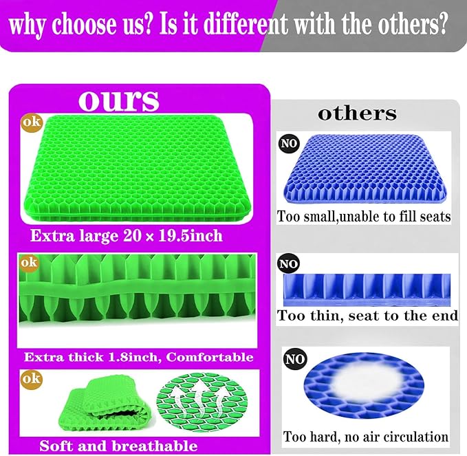Plus Size Gel Seat Cushion for Long Sitting, Extra Large and Thick, Seat Cushion for Back, Hip, Sciatica, Tailbone Pain Relief, Used for Office, Wheelchair, Car, Recliner, Stadium, Kayka.(Grass Green)