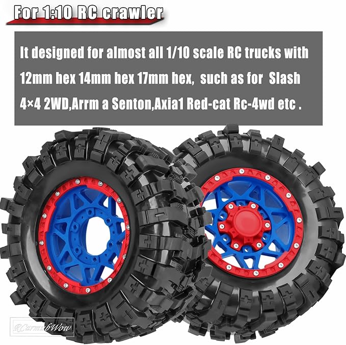 1/10 Scale RC Truck Tires,Wheels and Tires w/12/14/17MM Hex for Rustler Stampede Hoss, Granite Vorteks Big Rock 3S,1/10 Off Road Tires Rubber Truck Tyres w/Foam Insert,Navy Blue w/Red