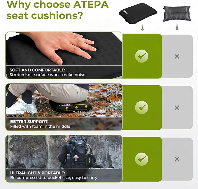 ATEPA Inflatable Seat Cushion, Compact Self-Inflating Seat Cushion for Stadium Airplane Air Travel Bleacher Camping, Blow Up Foam Seat Pad for Outdoor Sports Events Backpacking Hiking Sitting