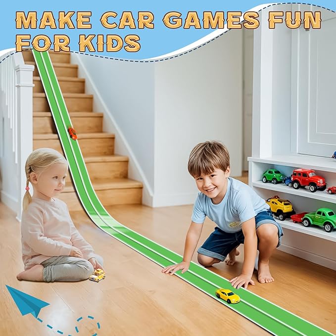 Flex Tracks 15 Ft for Kids Starter Set, Flexible Race Car Ramp Track with Suction Cups Compatible with Diecast 1/64th Cars for Ages 3 & Up (Green & White)
