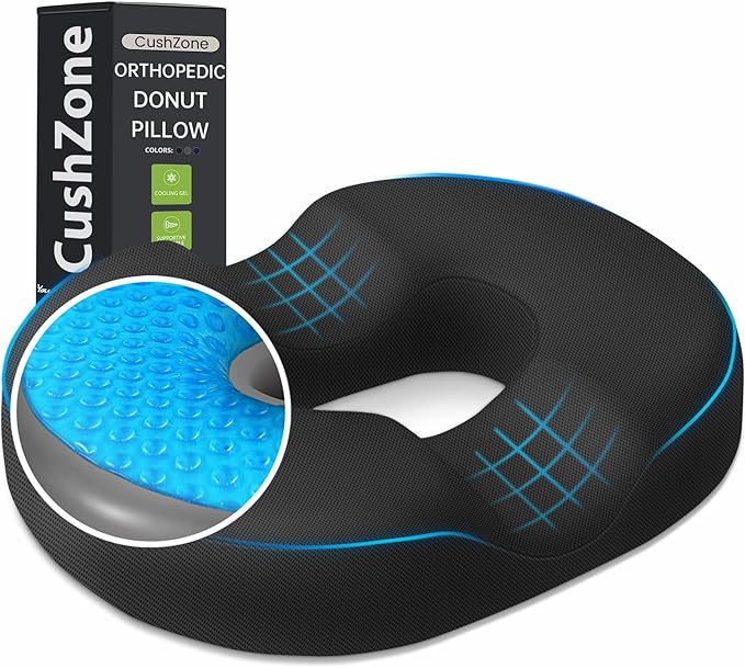 Donut Pillow Seat Cushion - Cooling Gel Donut Chair Cushions, Memory Foam Seat Cushion for Office & Home, Car Seat Cushion and Butt Pillow, Hemorrhoids Pillow and Tailbone Pain Relief, Black