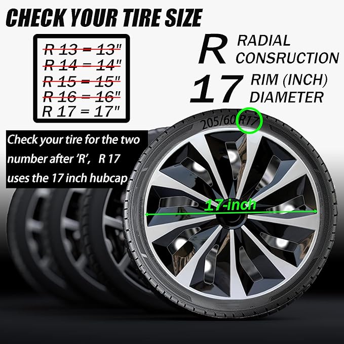 Hubcap Wheel Cover Replacement R17 Hub Caps Universal-Fit Steel Wheel Rim Cover ABS Material Exterior Accessories for Car Truck SUV -Set of 4（17-inch，Silver-Black）