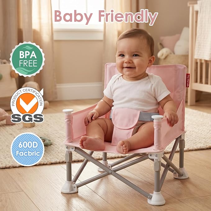 Tiny Marvels Portable Booster Seat, Foldable Baby High Chair with Removable Tray, Safety Harness & Carry Bag – for Toddlers Ages 6M-3Y, Ideal for Dining, Travel, Camping & Family Time