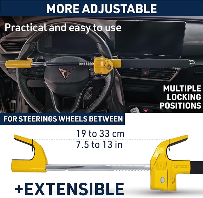 URBAN UR978Y Double Security Steering Wheel Lock with Hi-Tech Alarm, 120dB+LED, Smart Warning, A+ Sensitivity | Proven Theft Attempt Deterrence | Patented Anti-Theft Car Device Universal SUV Van Truck