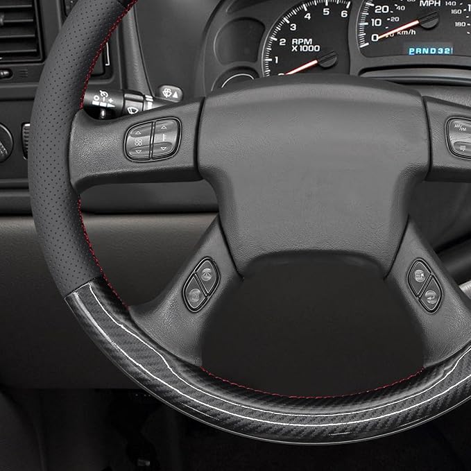 MEWANT Hand Stitch Steering Wheel Cover for Chevy Silverado 1500 2003-2006 Glossy PU Carbon Fiber Leather Steering Wrap