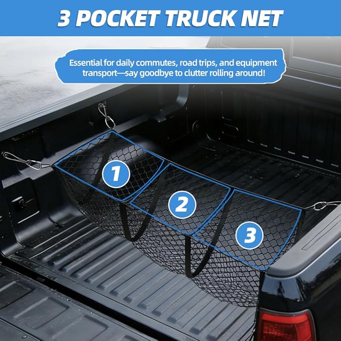 3 Pocket Truck Bed Cargo Net, Heavy Duty Truck Bed Storage Organizer with Super-Stretch Elastic,Universal Cargo Netting for Pickup Trucks SUV RV – Fits Ford F-150 Toyota Tacoma Chevrolet Silverado