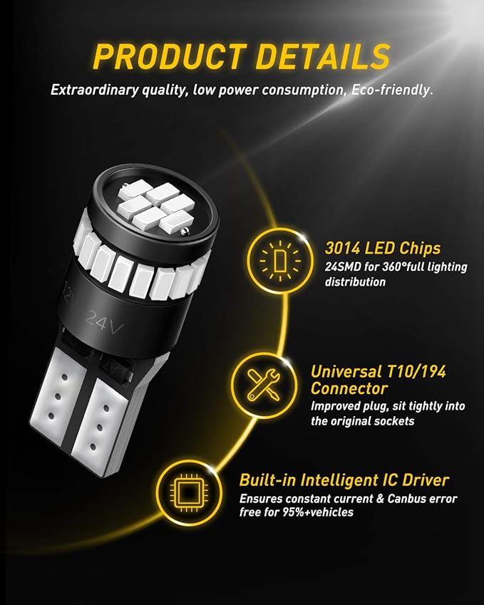 AUXITO 194 LED Light Bulb Blue 168 2825 W5W T10 Wedge 24-SMD 3014 Chipsets Error Free LED Replacement Light Kit for Car Interior Map License Plate Lights Dome Lights Marker Lights, Pack of 10