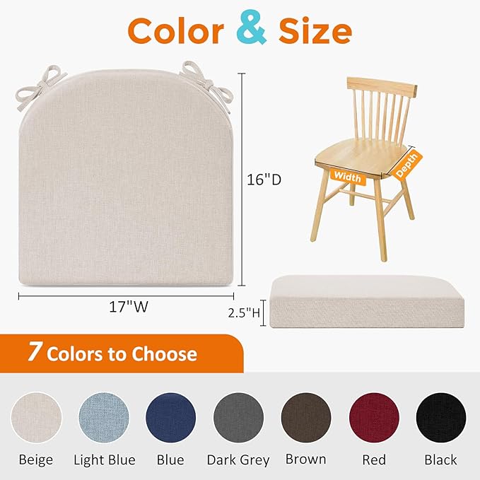 downluxe Chair Cushions for Dining Chairs, Memory Foam Linen Kitchen Chair Pads with Ties, Waterproof, Stain-Resistant and Washable Cover, 17" x 16" x 2.5", Beige, 6 Pack