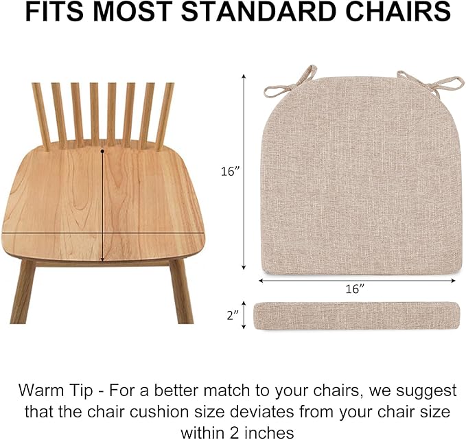 Wellsin Chair Cushions for Dining Chairs 4 Pack - Kitchen Chair Cushions with Ties and Non-Slip Backing - Dining Chair Pads 16"X16"X2", Oatmeal Beige