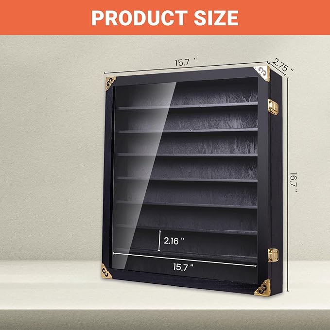 Giant Hotwheels Display Case with Wall Mounts,Display up to 80 Cars ,Model Hot Toy Cars Storage Organizer,15.7*2.75*16.7 Inches,UV Protection Acrylic Glass Door,Gold Lock,Black