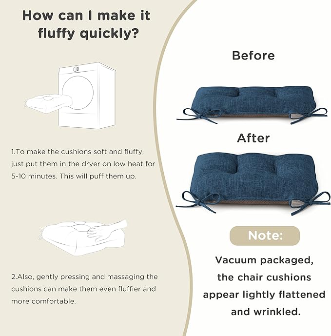 AddGrace Chair Cushions for Dining Chairs Set of 4 Kitchen Seat Cushions with Ties and Non Slip Backing Tufted Indoor Seat Pad for Kitchen Dining Room 18" x 17" x 3" Navy