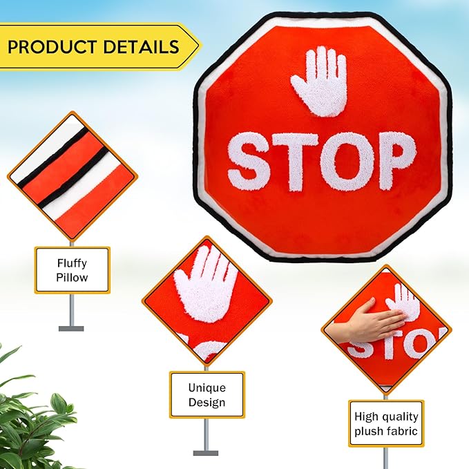Woanger 2 Pcs Race Car Room Decor Racing Plush Throw Pillow Set Gift 15.7 Inch Soft 3D Simulation Wheel Pillow Funny Tire Cone Traffic Light and Stop for Valentines Bedroom Decorations(Stop Sign)