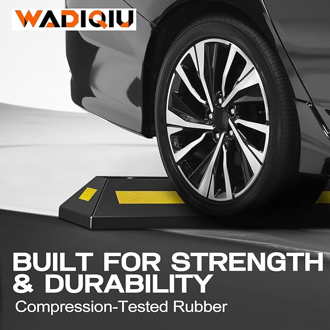 2-Pack Heavy Duty Rubber Parking Stoppers, Wheel Blocks with Reflective Stripes, Tire Stoppers for Garage, Truck, RV, Trailer, Van and Forklift, Car Parking Blocks for Garage Safety