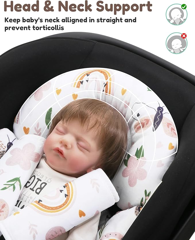 BOMOLOUR Infant Insert, Enlarged Head Support for Baby, Reversible Newborn Insert with 3 Strap Covers, 2-in-1 Baby Cushion for Stroller, Swing, Bouncer, Rocker - Brown Rainbow
