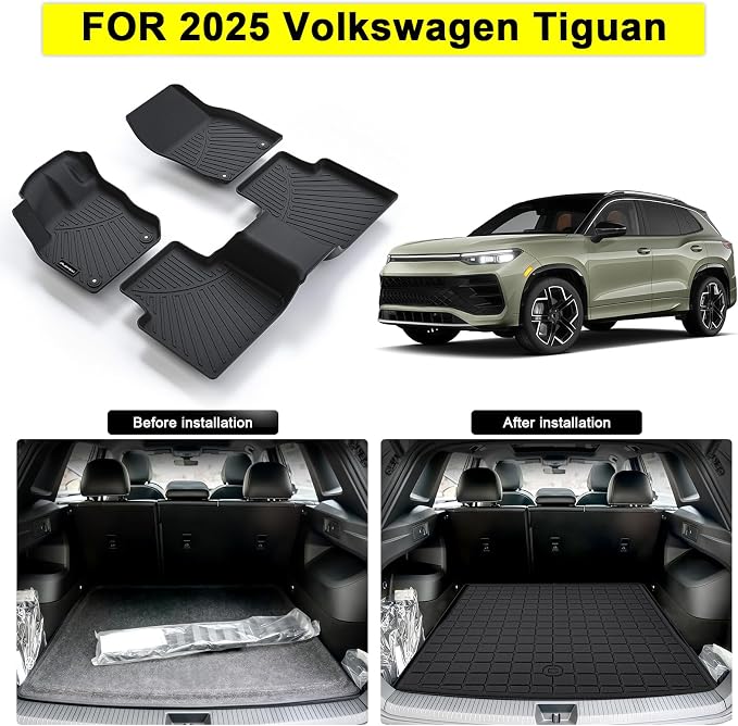 Floor Mats for 2025 2026 Volkswagen Tiguan & Cargo Mat,TPE All Weather Protection Car 1st & 2nd Row Floor Liners with Trunk Mat Accessories