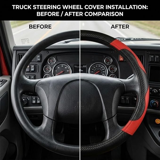 18 Inch Semi Truck Steering Wheel Cover - Carbon Fiber Pattern & Faux Leather, Anti-Slip Grip, Breathable Comfort for Long-Haul Drivers - Black Red
