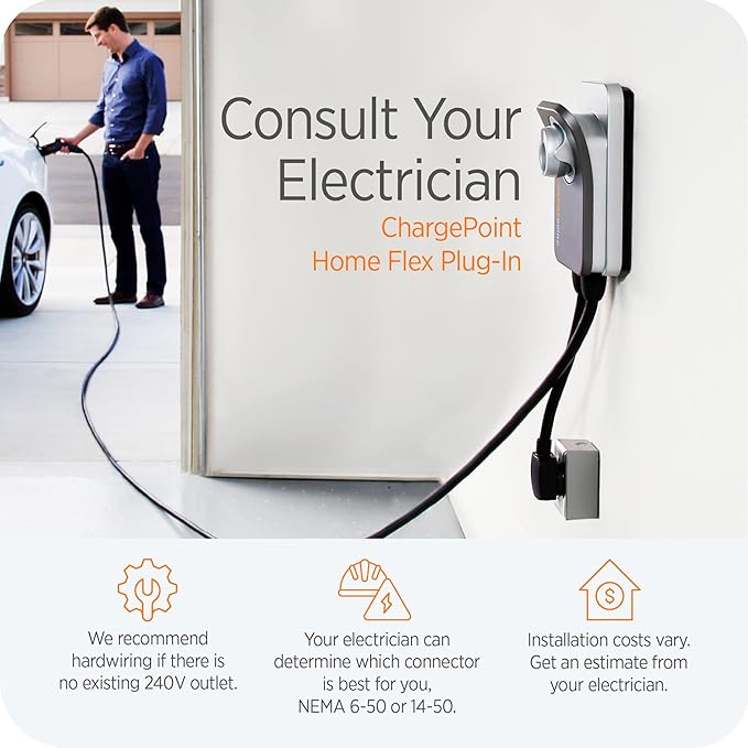 ChargePoint HomeFlex Level 2 EV Charger J1772 - Fast Smart Battery Power Charging at Home for Electric Automobile Vehicles - NEMA 14-50 Plug for Electric Car
