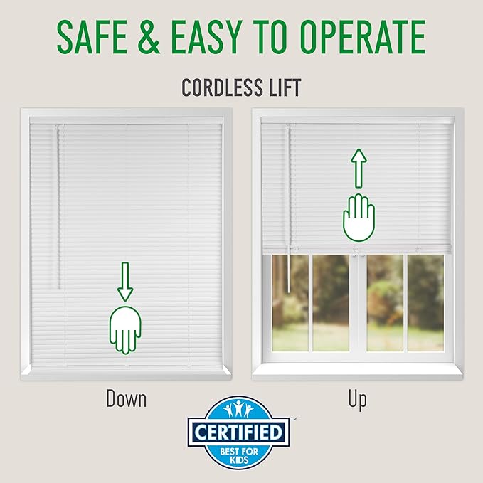 Calyx Interiors Cordless White 1” Light Filtering Mini Blinds 42.5” W x 73” H Window Blinds for Home, Vinyl Horizontal Blinds for Indoor Windows