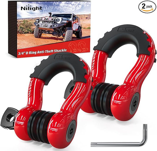 Nilight 3/4 inch D Ring Shackle 2 Pack 19T (41,887 lbs) Break Strength 4.75T WLL Heavy Duty Towing Hook with Anti-Theft System Anti-Rattle Isolators for Truck Jeep SUV ATV UTV Recovery Red